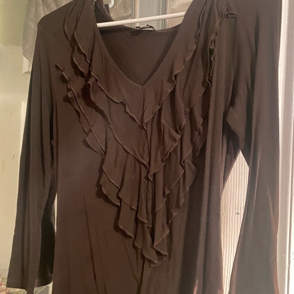 Daniel Cremieux Brown Ruffle V-Neck Blouse